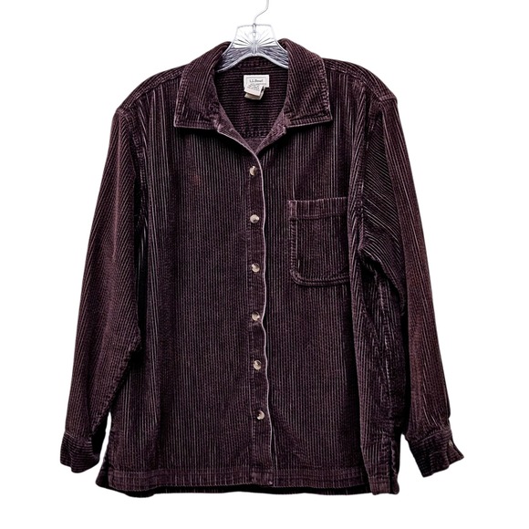 LL Bean Tops - LL Bean Corduroy Button Up Shirt Women L Petite Chocolate Brown Long Sleeve Boho